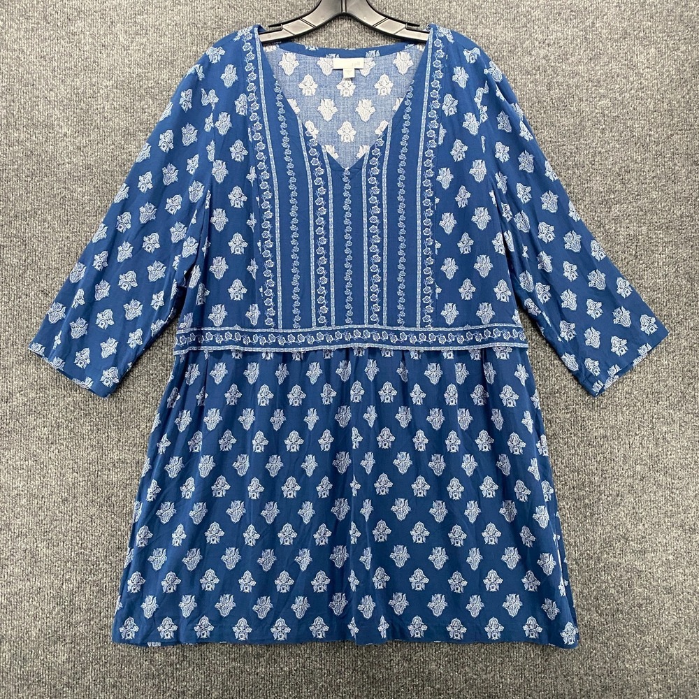 J Jill Dress Womens L Blue Floral Shift V-Neck Boho‎ Peasant Cottagecore Hippie